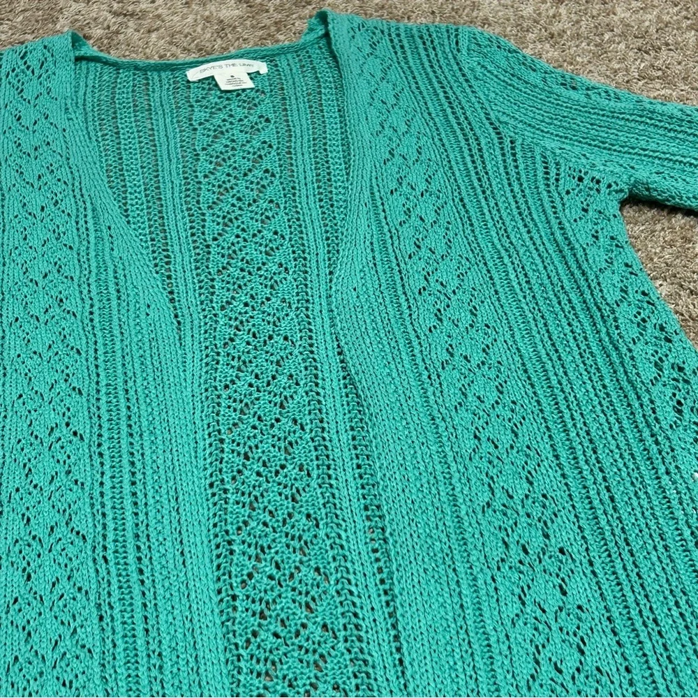 Skye’s The Limit Teal Cardigan Open Front Crochet